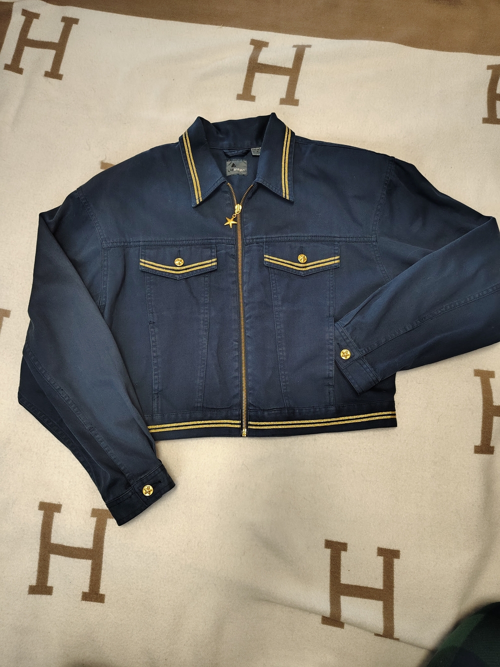 Vintage 90s Navy Blue Cropped Jacket w/ Gold Star Hardware & Metallic Trim